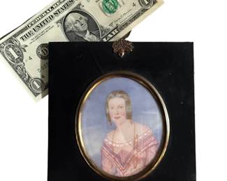 Victorian MINIATURE Hand Painted Portrait on IVORY of Woman in Pink Gown in Wood Frame