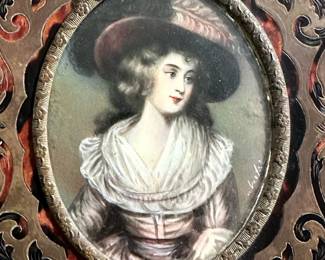 SET - Victorian MINIATURE Hand Painted Portrait on IVORY of Young Women in Ivory and Brass Frames with Tortoise Shell Inlay