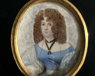 Victorian MINIATURE Hand Painted Portrait on IVORY of Young Woman in Ebonized Wood Frame