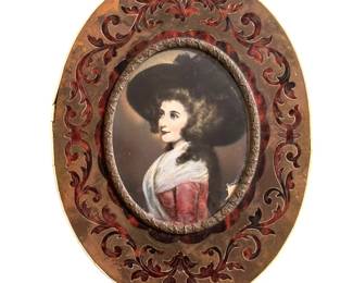 SET - Victorian MINIATURE Hand Painted Portrait on IVORY of Young Women in Ivory and Brass Frames with Tortoise Shell Inlay