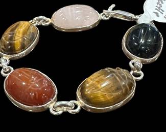 Sterling SILVER Scarab Bettle Carved Multi Stone Bracelet
