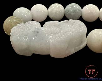 White Jade Beaded Bracelet with Carved White Jade Foo Dog
