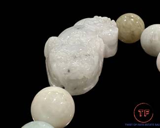 White Jade Beaded Bracelet with Carved White Jade Foo Dog