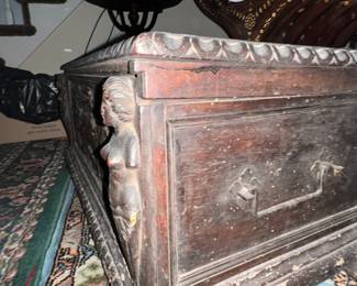 Gorgeous Casket Trunk with Carved naked ladies and Provinance from Hammer Galleries (paper in fridge)