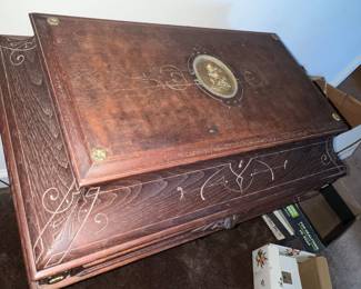 Gorgeous Carved Box Treasure Chest hand carved Sewing Chest with inlaid cupid and drawers