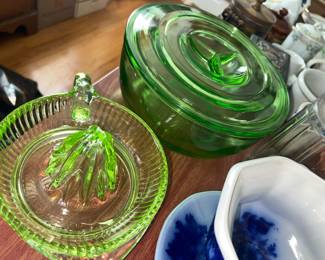 another Vaseline lemon Juicer URANIUM glass Gorgeous!! and Green covered dish, amazing that they made it through in one piece!