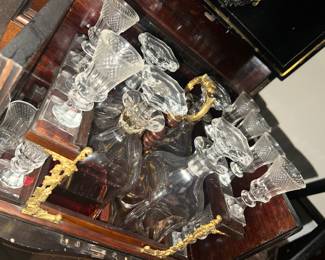 Bar with decanters and glasses, a few glasses are MIA but beautiful set nonetheless..