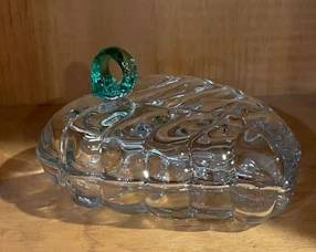 Duncan & Miller Sylvan crystal covered candy dish. This pattern has repeated panels that represent swan's feathers with the swan's neck gracefully tucked under.