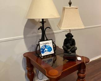 Whimsical monkey lamp, fleur de lis lamp and side table in oak.