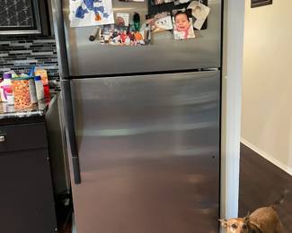 Maytag refrigerator. Willie the dog is not for sale at any price! 