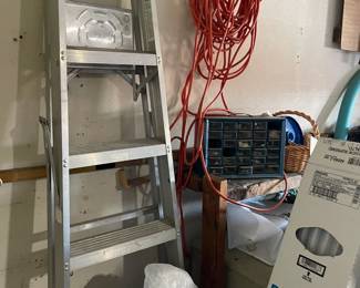 Many garage items, including 6 foot ladder, tools, extension cords and more.