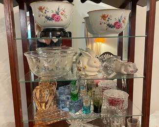 Vintage Avon decorative bowls; glassware and vintage butter dishes.