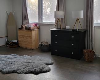 Area Rug, Ironing Board, Wood Dresser, Black Dresser, Pedestal Lamps