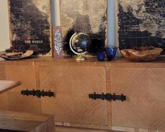MCM Buffet, World Art Maps, Natural Wood Bowls, Globe, Glassware