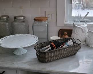 Storage Jar, Cake Plate, Ceramic Owls, Utensils