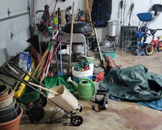 Yard Tools, Spreaders, lawn mower not seen, Weber BBQ, Shovels, Hand and Power Tools, Sander, Saw, Lawn Torches, Shepherd Hooks, Planters, Pots, Children's Sand or Water Toy, Benches, More