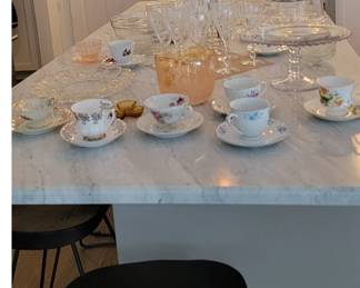 Tea Cups, Glassware, Cake Plate, Bar Stools