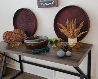 Wood Grain Desk with Metal Legs, Trays, Pottery Covered Dish