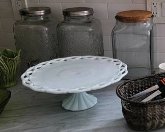 Isaac J Collins Clear Glass Store Display 1905 Glass Jar with cork top, Pedestal Milk Glass Cake Plate