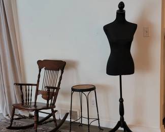 Antique Wood Rocker, Dress Form, Stool and Cement Head Decoration
