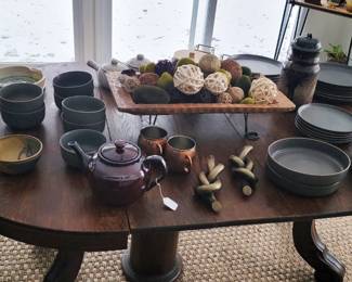 Oak Table with Wood Pedestal Bowl, Pottery Dishes, More
