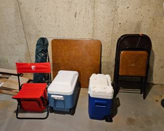 Coolers, folding chairs and tables