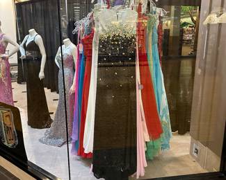 These dresses serve as a PREVIEW of what is to come!  We will be liquidating a bridal/prom/formal wear shop in our NEXT estate sale - February 28.  The dresses brought in for this sale may be purchased.  Trying on the  dresses will not be an option.  However, in the NEXT sale we will have dressing rooms available.  All sales are final and no returns.