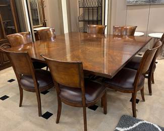 Beautiful high end Dining Set!  Square table - with or without leaves.  8 chairs included, pads, and 'leaf cabinet'.