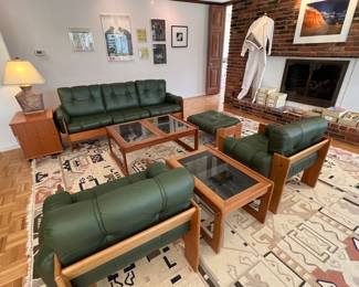 Mid Century Modern Suite Including Sofa, Chairs & Tables by Kalustekiila Kommandiittiyhtio Mitikka of Lahti - Finland. Vintage 1973 on a 12x12 Kilim rug.