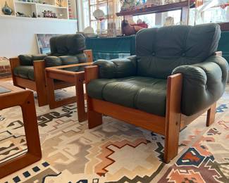 Mid Century Modern Suite Including Sofa, Chairs & Tables by Kalustekiila Kommandiittiyhtio Mitikka of Lahti - Finland. Vintage 1973 on a 12x12 Kilim rug.