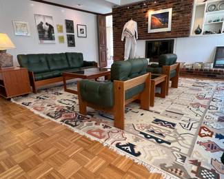 Mid Century Modern Suite Including Sofa, Chairs & Tables by Kalustekiila Kommandiittiyhtio Mitikka of Lahti - Finland. Vintage 1973 on a 12x12 Kilim rug.