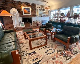 Mid Century Modern Suite Including Sofa, Chairs & Tables by Kalustekiila Kommandiittiyhtio Mitikka of Lahti - Finland. Vintage 1973 on a 12x12 Kilim rug.