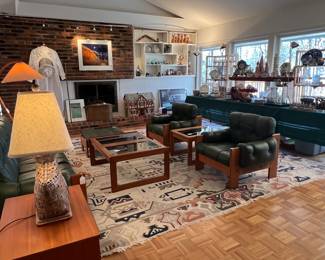 Mid Century Modern Suite Including Sofa, Chairs & Tables by Kalustekiila Kommandiittiyhtio Mitikka of Lahti - Finland. Vintage 1973 on a 12x12 Kilim rug.