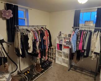 Womens clothes, twin bed, clothes steamer and dresser