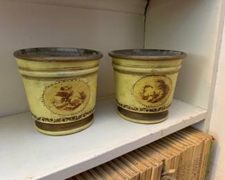 Pair of metal cache pots with brass liners