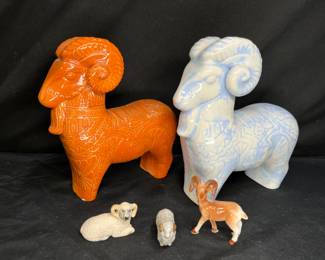 5 Ceramic Wolf, Ram and Sheep Figurines
