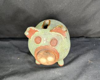 Folk Art Redware Piggy Bank w/ Cork Nose