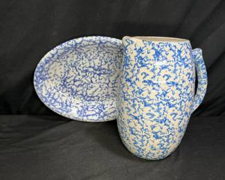 Blue Spongeware Pitcher & La Primula Bowl