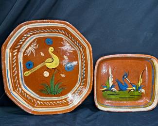 2 Handpainted Mexican Redware Bird Plates