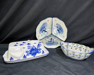 3 Vintage Handpainted Delft Blue Dishes