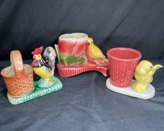 3 Vintage Ceramic Rooster, Bird, & Chick Planters