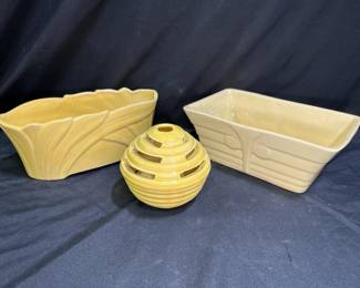 Vtg yellow ceramic planters & Camark Flower Frog