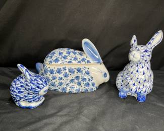 3 Ceramic Cobalt Rabbits Figurines & Box