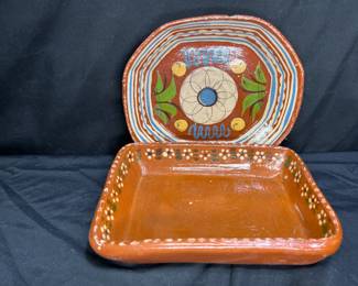 2 Mexican Redware Pottery Hand Painted Dishes