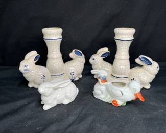 Dedham Pottery Candle Holders & Rabbit Planter