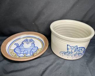 Eldreth & M&J Pottery Salt Glaze Cat Crocks & Dish
