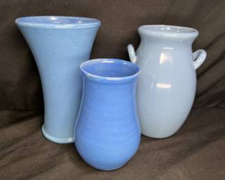 3 Vintage Blue Pottery Vases