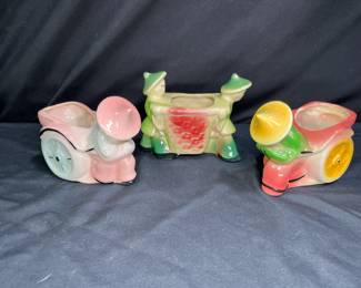 3 VTG Shawnee Pottery Rickshaws & Basket Planters