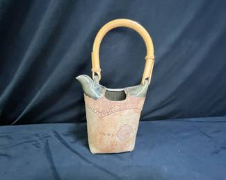 Signed Earthenware Purse Pitcher & 2 Cups