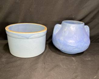 Vintage Blue Crock and Blue Stoneware Planter